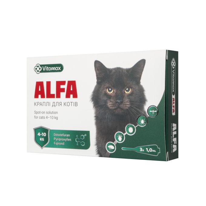 Протипаразитарні краплі Alfa Vitomax на холку для котів 4-10 кг, 1 мл (3 піпетки)
